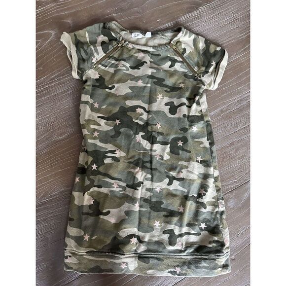 GAP KIDS Green Camo Sweatshirt Dress Girls SIZE S Stars Zipper Accents Cotton - Picture 1 of 8